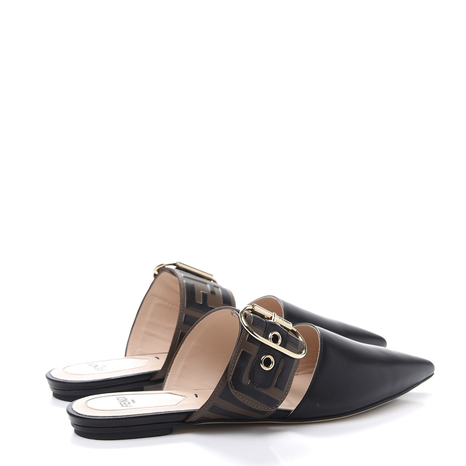 Fendi Vitello FF Embossed Buckle Flat Mules 35.5 Maya Black 4 of 8