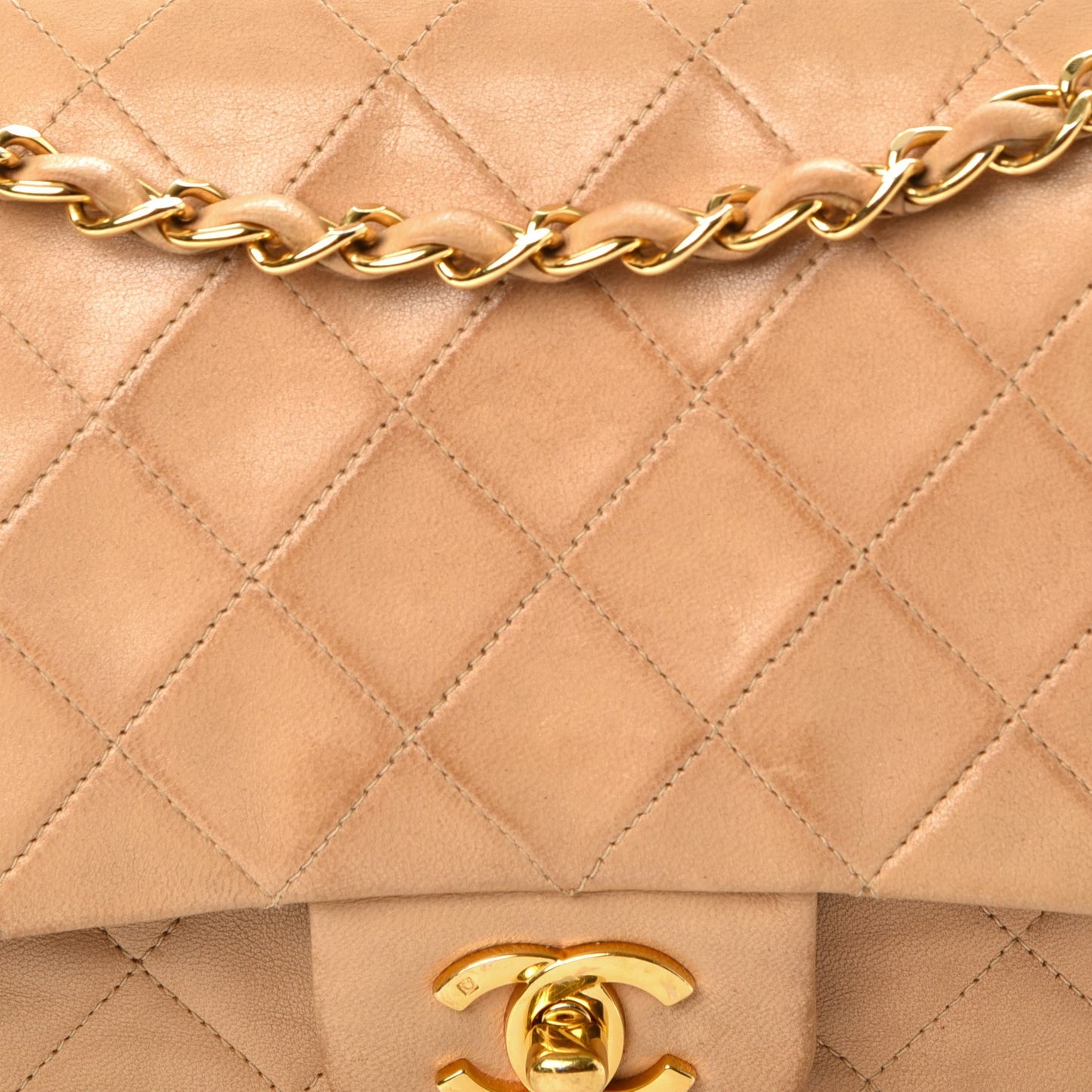 Lambskin Quilted Medium Double Flap Beige