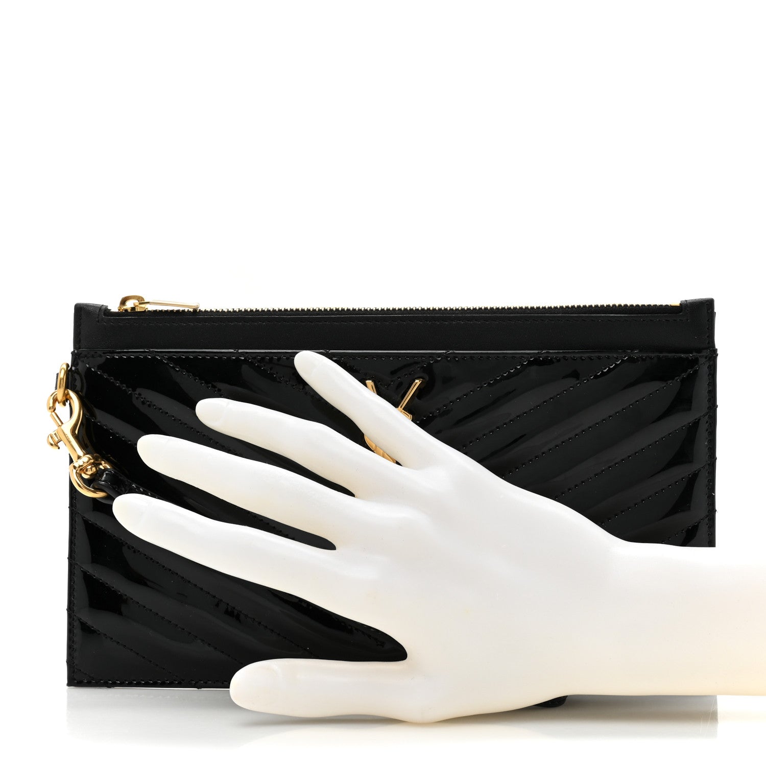 Saint Laurent Patent Grain De Poudre Matelasse Chevron Monogram Bill Pouch Black 2 of 9
