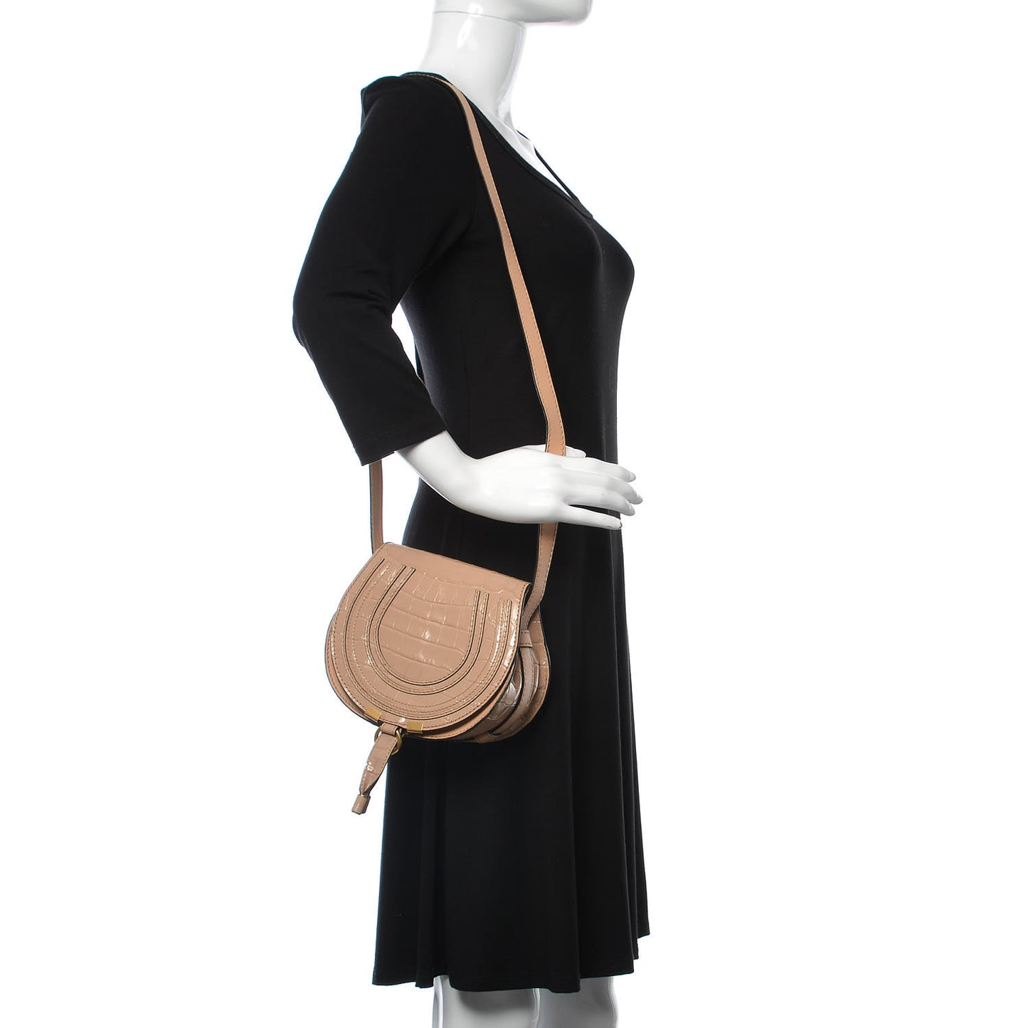 Calfskin Crocodile Embossed Mini Marcie Round Crossbody Bag Nut