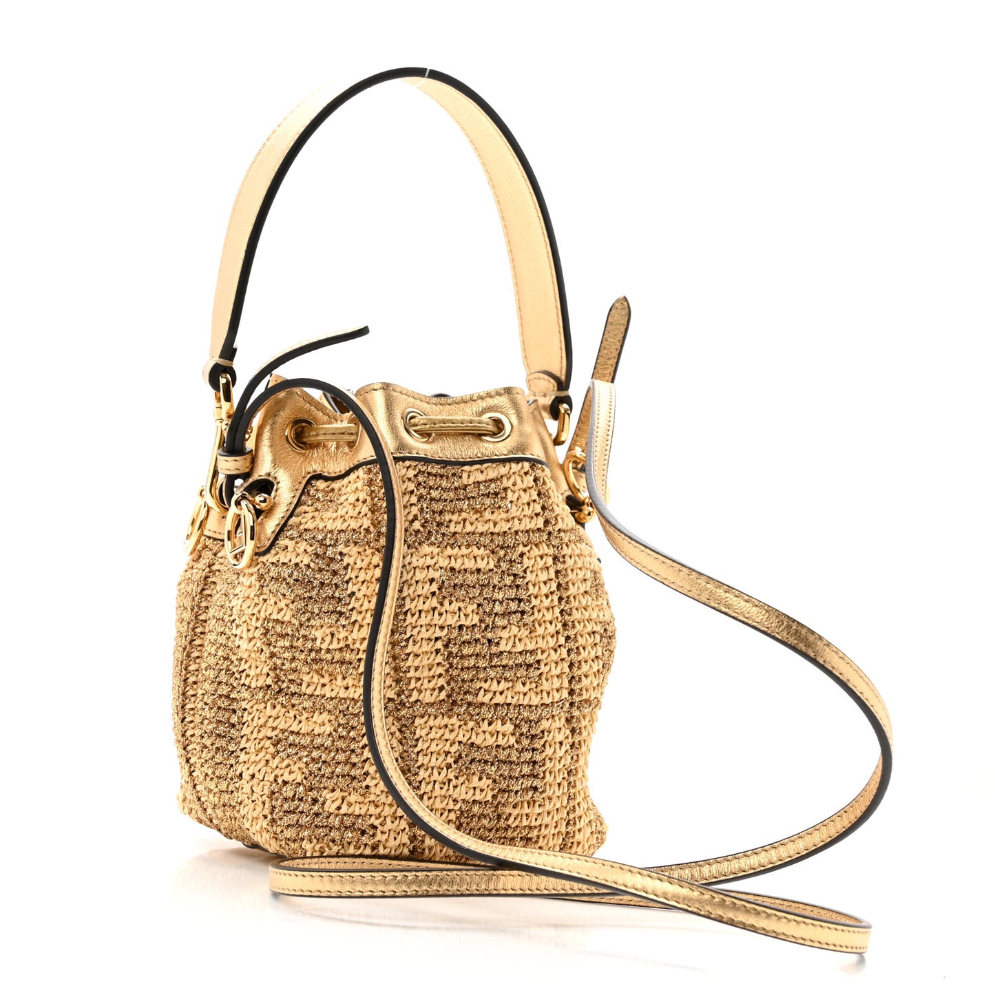 Raffia Lurex Vitello Laminato F is Fendi FF Crochet Mini Mon Tresor Bucket Bag Natural Oro