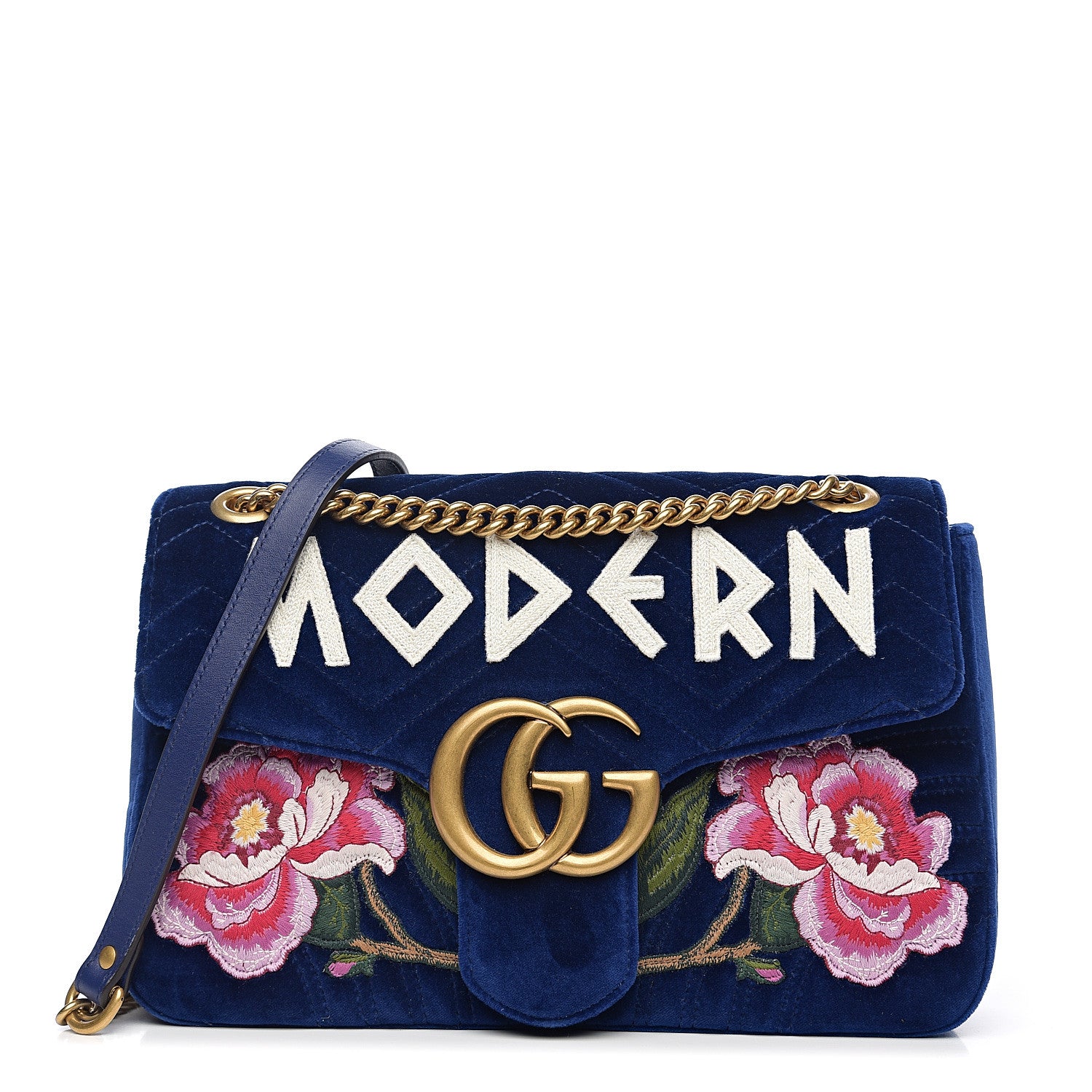 Gucci Velvet Matelasse Modern Embroidered Medium GG Marmont Shoulder Bag Cobalt 1 of 9