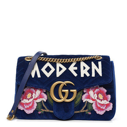 Gucci Velvet Matelasse Modern Embroidered Medium GG Marmont Shoulder Bag Cobalt 1 of 9