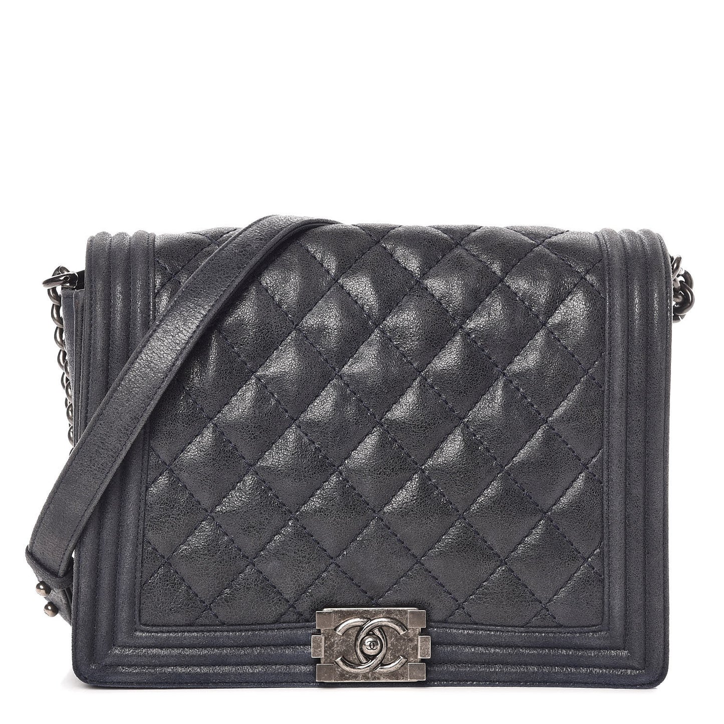 Goatskin Quilted Medium Gentle Boy Flap Navy Blue