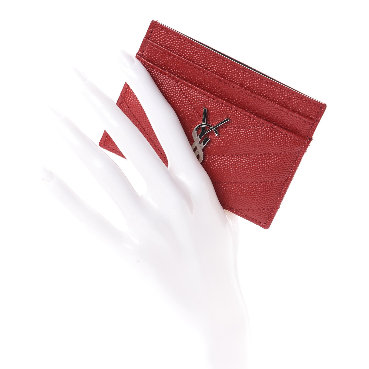 Saint Laurent Grain De Poudre Matelasse Chevron Monogram Credit Card Case Rouge Eros 2 of 6