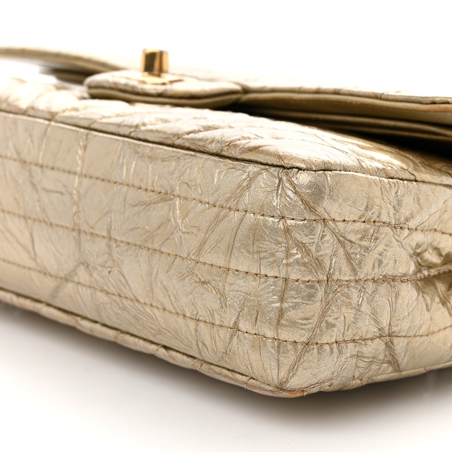 Metallic Patent Crumpled Calfskin Chevron Quilted Medium Double Flap Gold