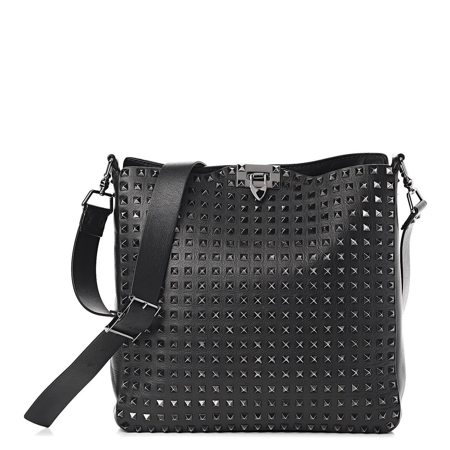 Calfskin Rockstud All Over Flip-Lock Messenger Bag Black