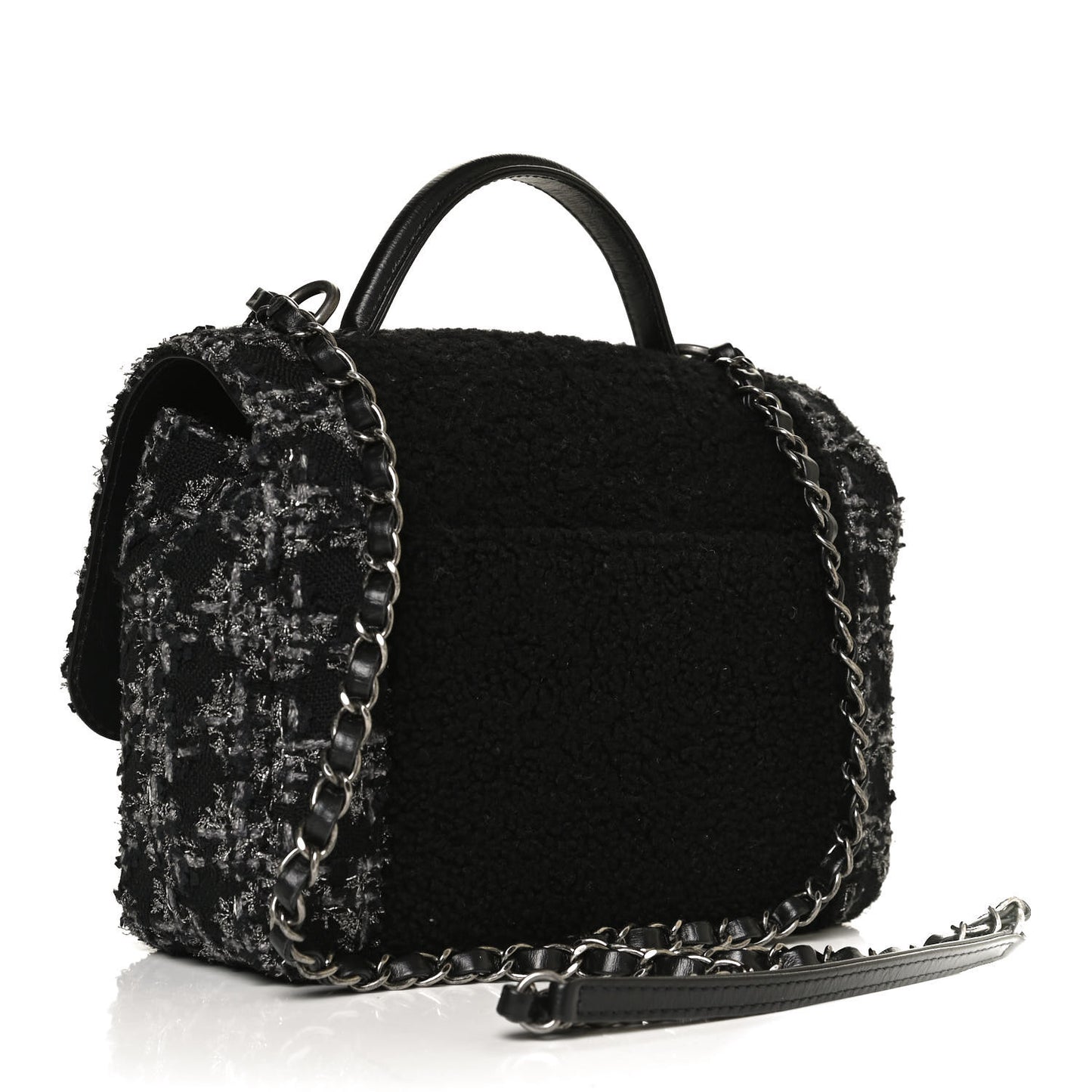 Shearling Tweed Medium Handle Boy Flap Black Grey