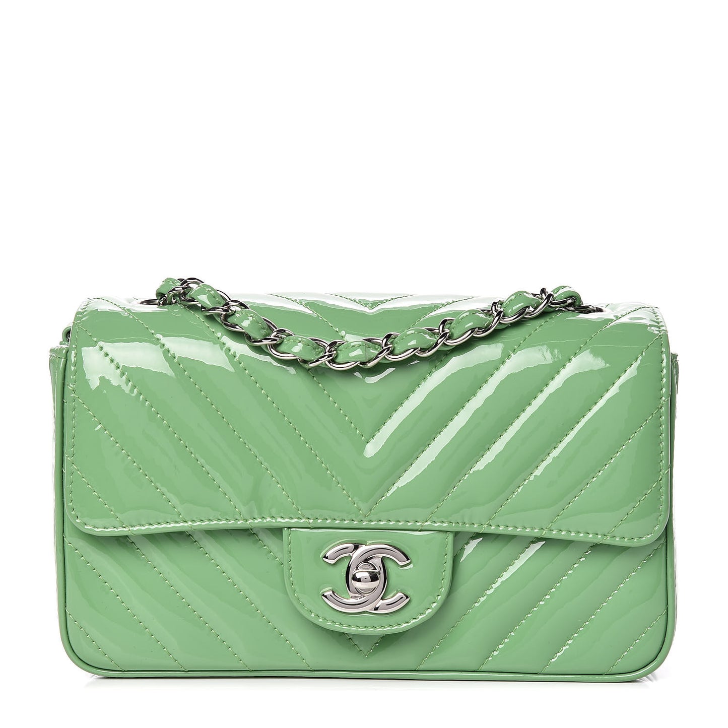 Patent Calfskin Chevron Quilted Mini Rectangular Flap Green