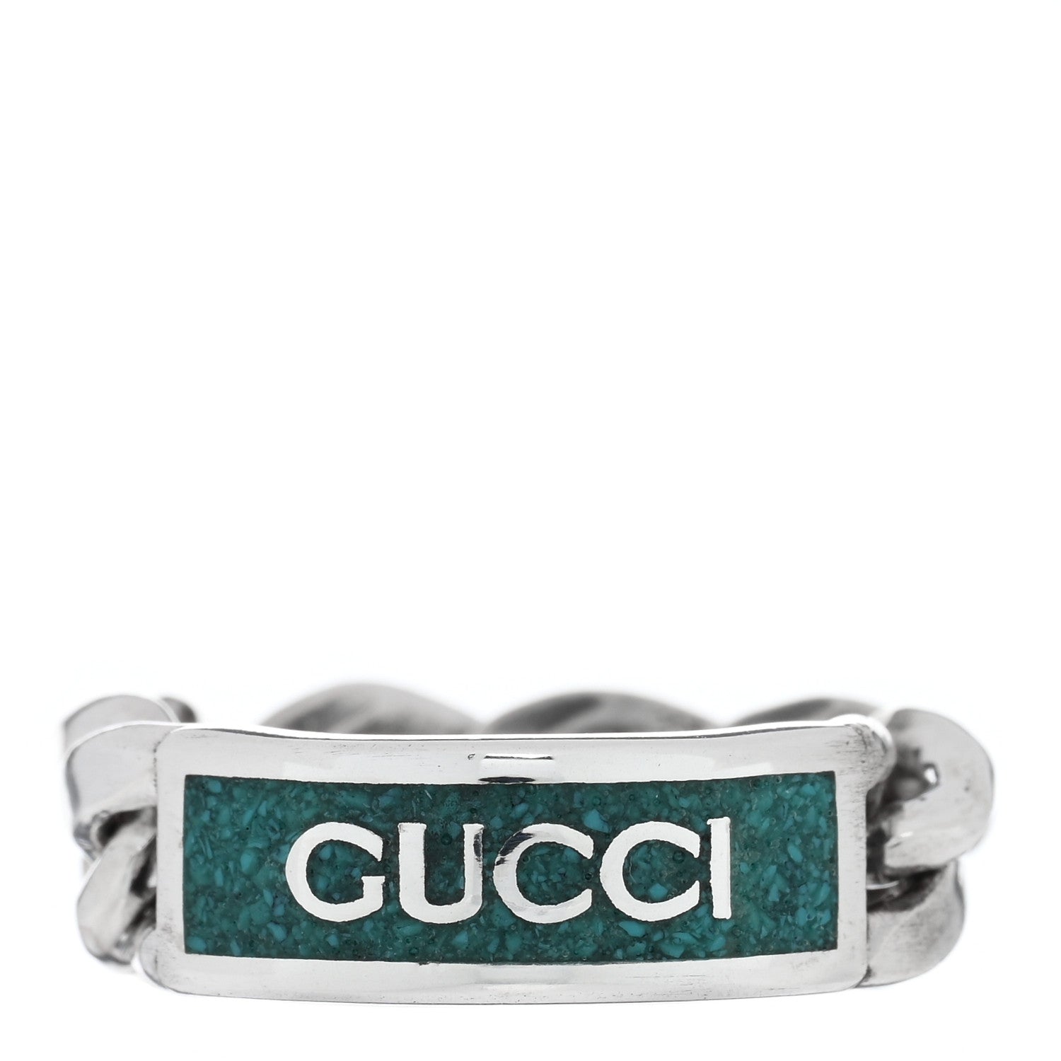 Gucci Sterling Silver Enamel Logo Chain Ring 55 7.25 Turquoise 1 of 5