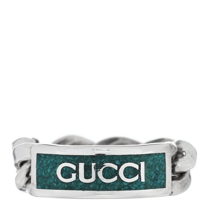 Gucci Sterling Silver Enamel Logo Chain Ring 55 7.25 Turquoise 1 of 5