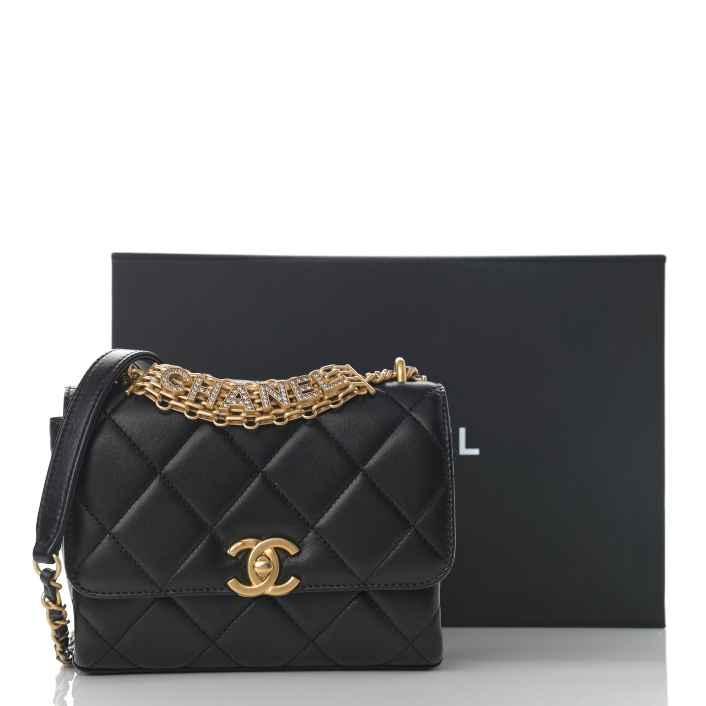 Lambskin Quilted Mini CC Crystal Logo Chain Flap Black