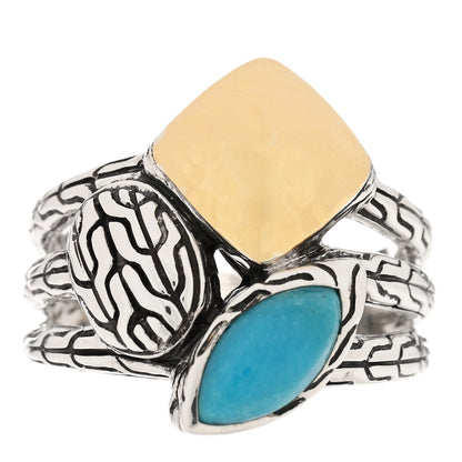 John Hardy Sterling Silver 18K Yellow Gold Turquoise Classic Chain Hammered Cluster Ring 54 7 1 of 4