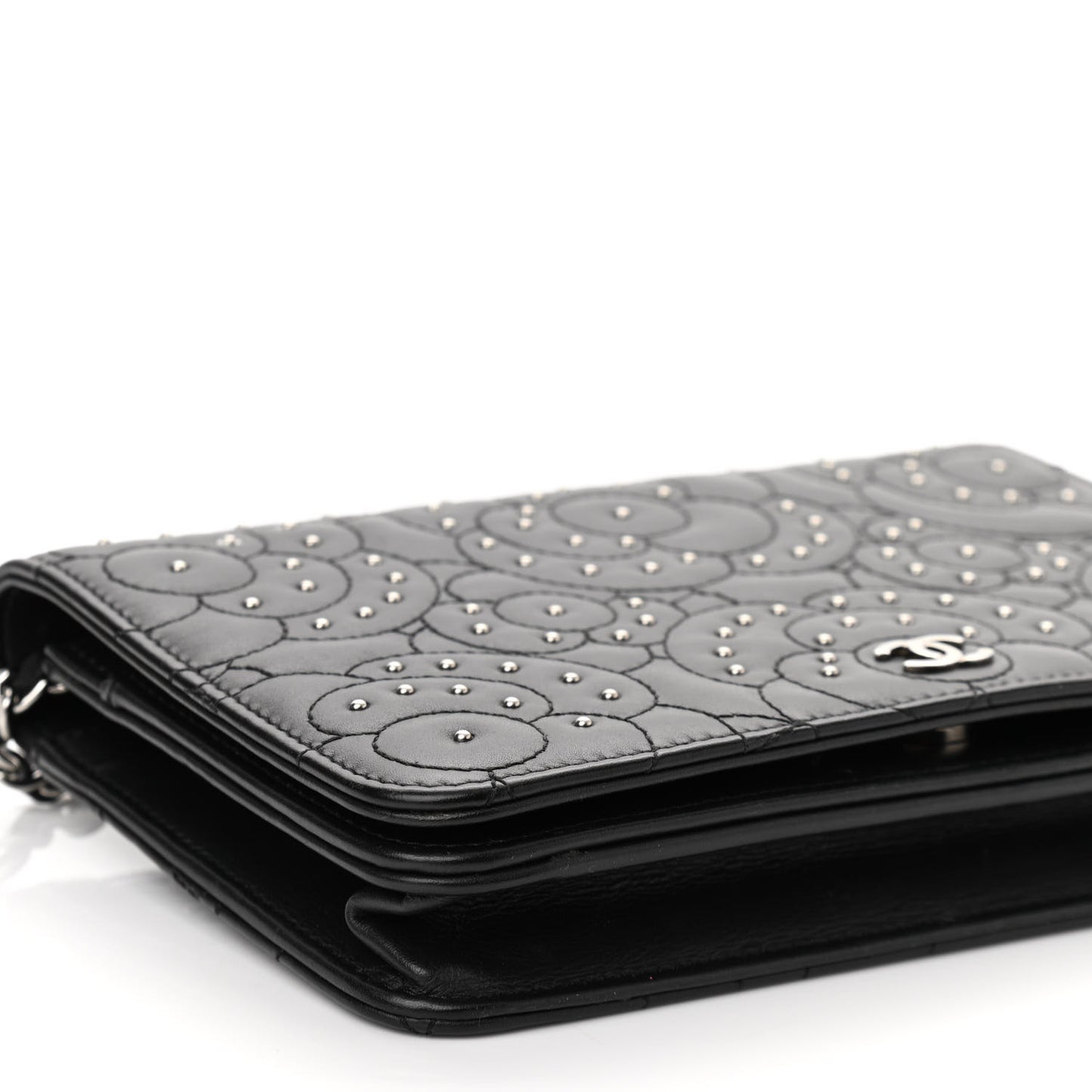 Lambskin Camellia Studded Wallet on Chain WOC Black