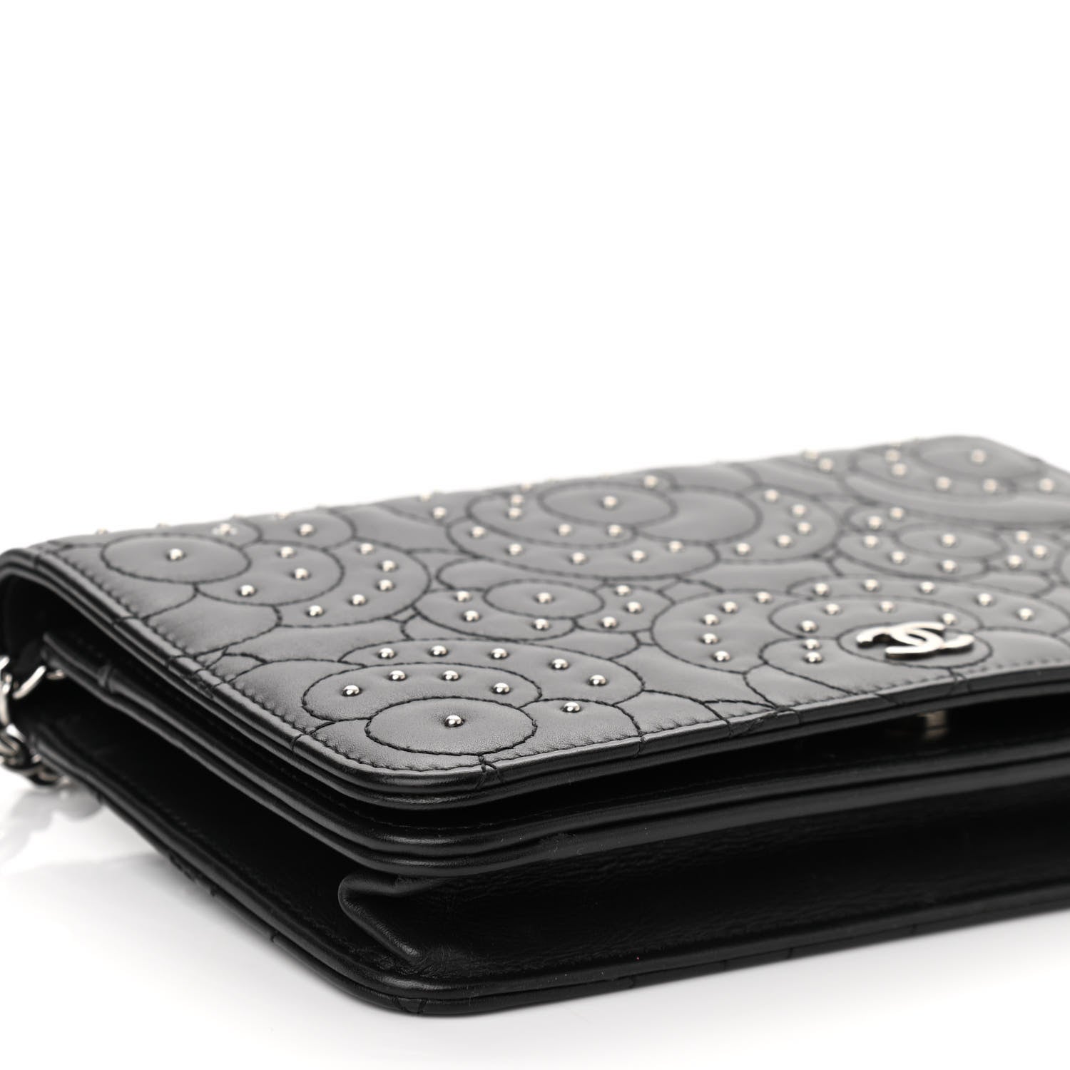 Chanel Lambskin Camellia Studded Wallet on Chain WOC Black 9 of 12