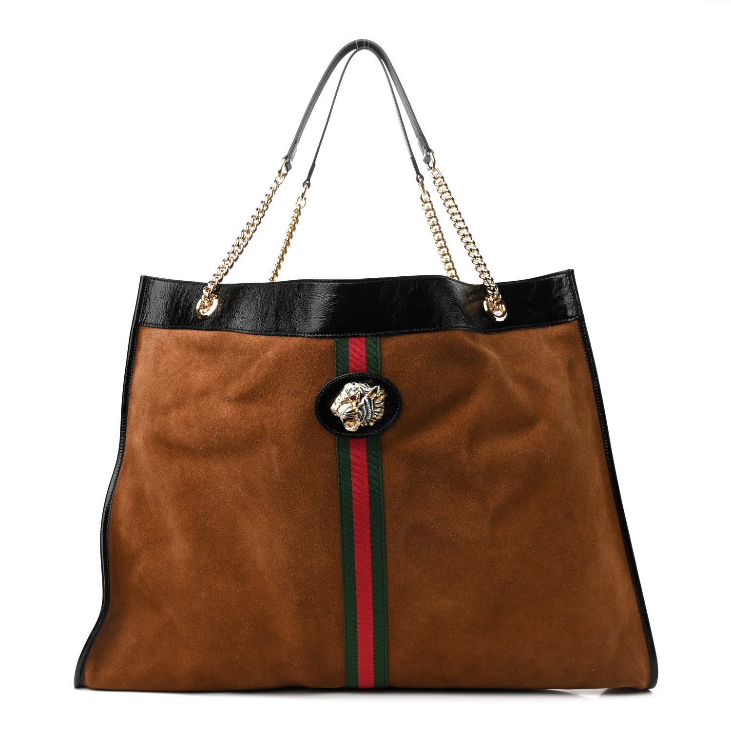 Gucci Suede Patent Maxi Rajah Chain Tote Nocciola Black 1 of 9