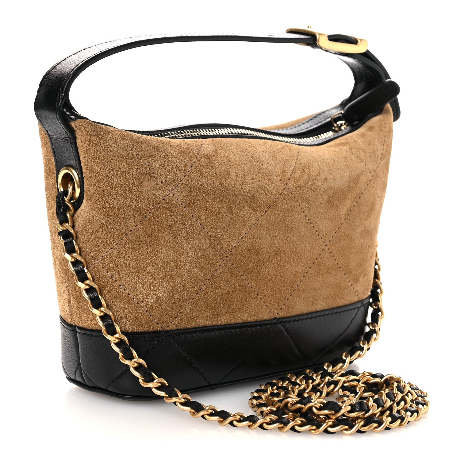 Chanel Suede Calfskin Shiny Lambskin Quilted Coco Base Hobo Clutch With Chain Beige Black 3 of 12