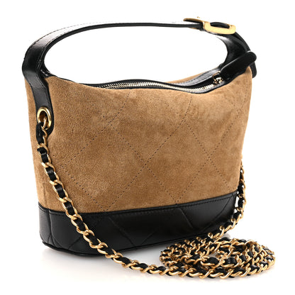 Chanel Suede Calfskin Shiny Lambskin Quilted Coco Base Hobo Clutch With Chain Beige Black 3 of 12