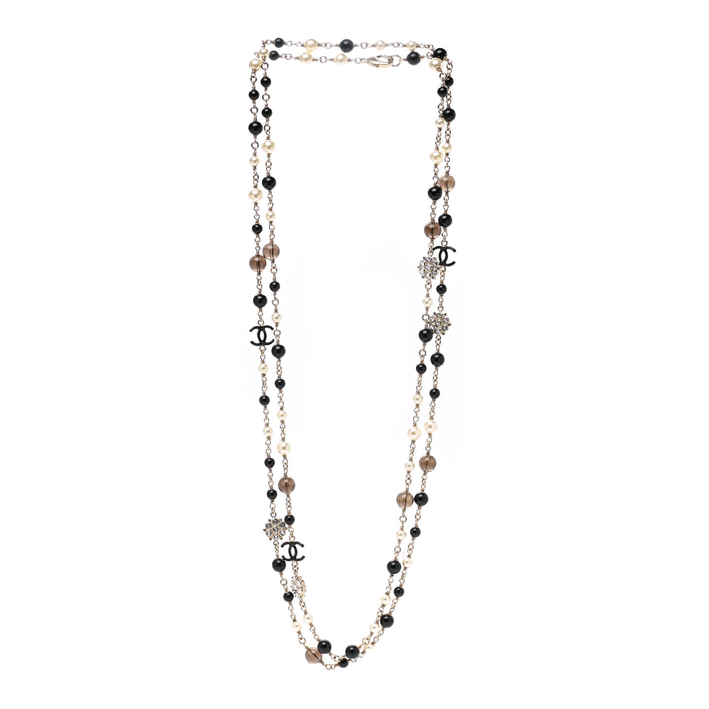 Pearl Crystal Bead CC Long Necklace Black Silver