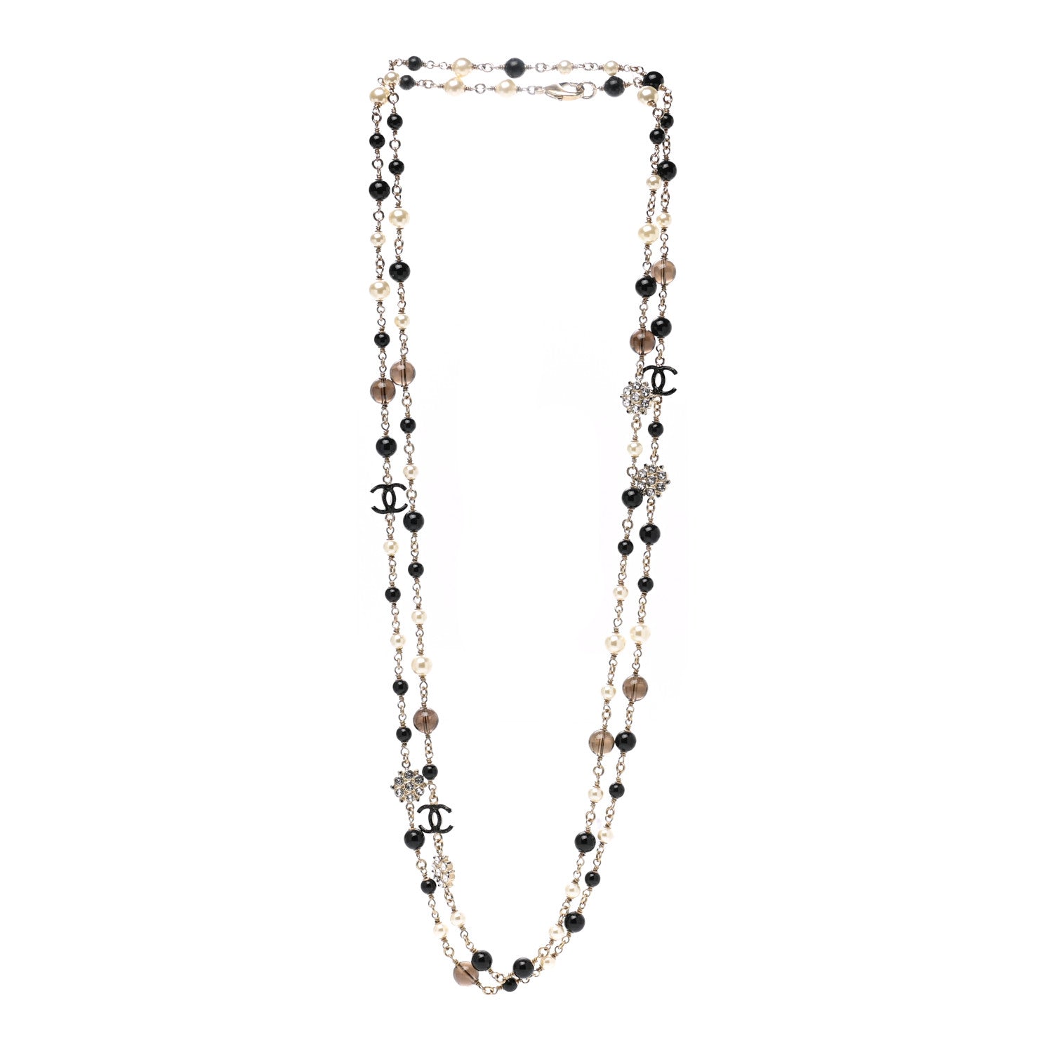 Chanel Pearl Crystal Bead CC Long Necklace Black Silver 3 of 4
