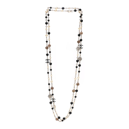 Chanel Pearl Crystal Bead CC Long Necklace Black Silver 3 of 4