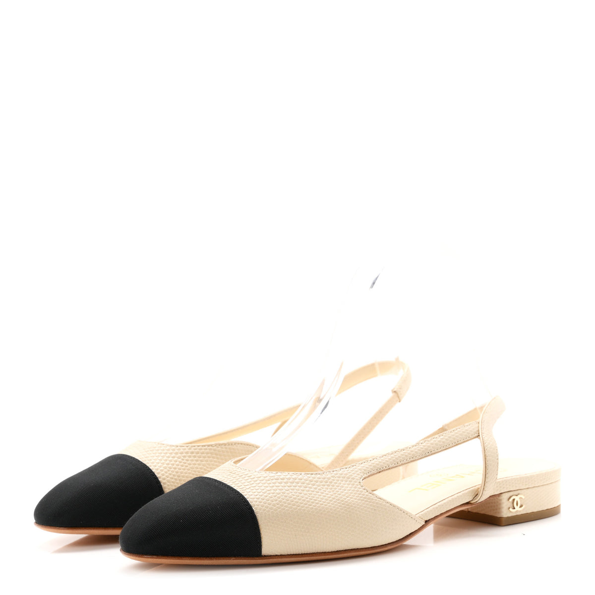 Chanel Lizard Grosgrain Cap Toe CC Slingback Flat 37.5 Ivory Black 4 of 9