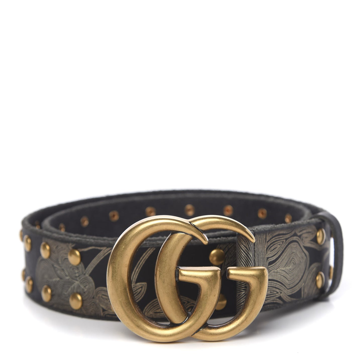 Calfskin Leaf Print Studded Double G 40mm Belt 95 38 Black Gold
