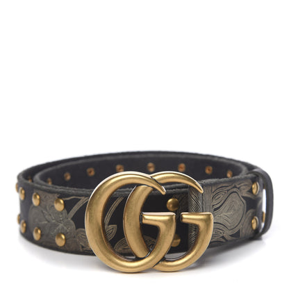 Gucci Calfskin Leaf Print Studded Double G 40mm Belt 95 38 Black Gold 1 of 5