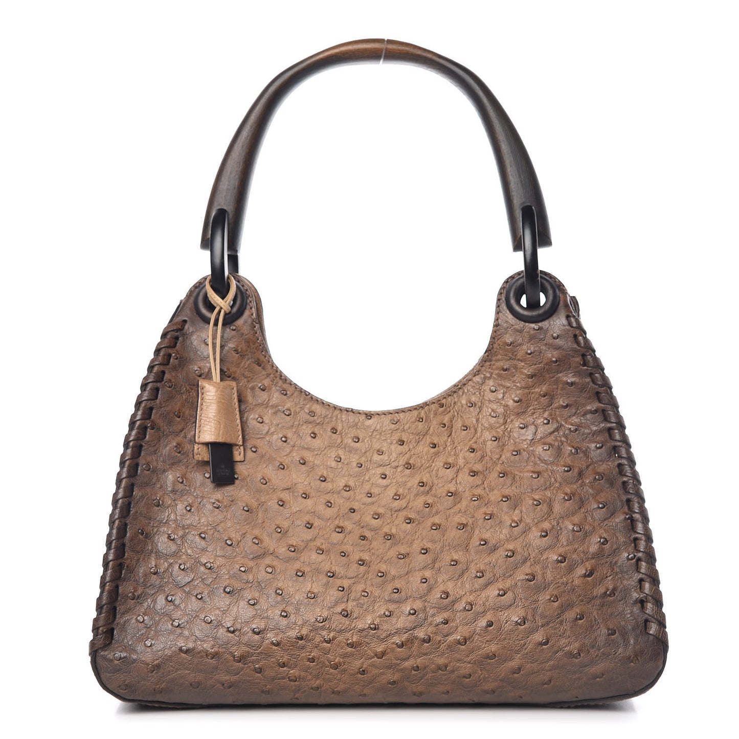 Ostrich Whipstitch Wooden Handle Small Hobo Brown