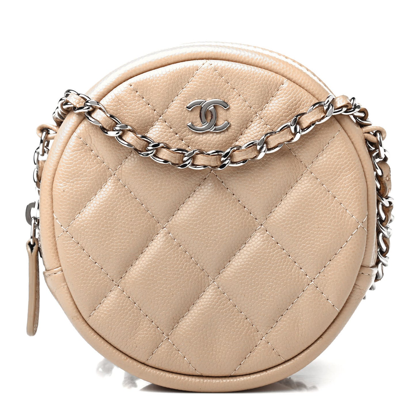 Caviar Quilted Round Clutch With Chain Beige