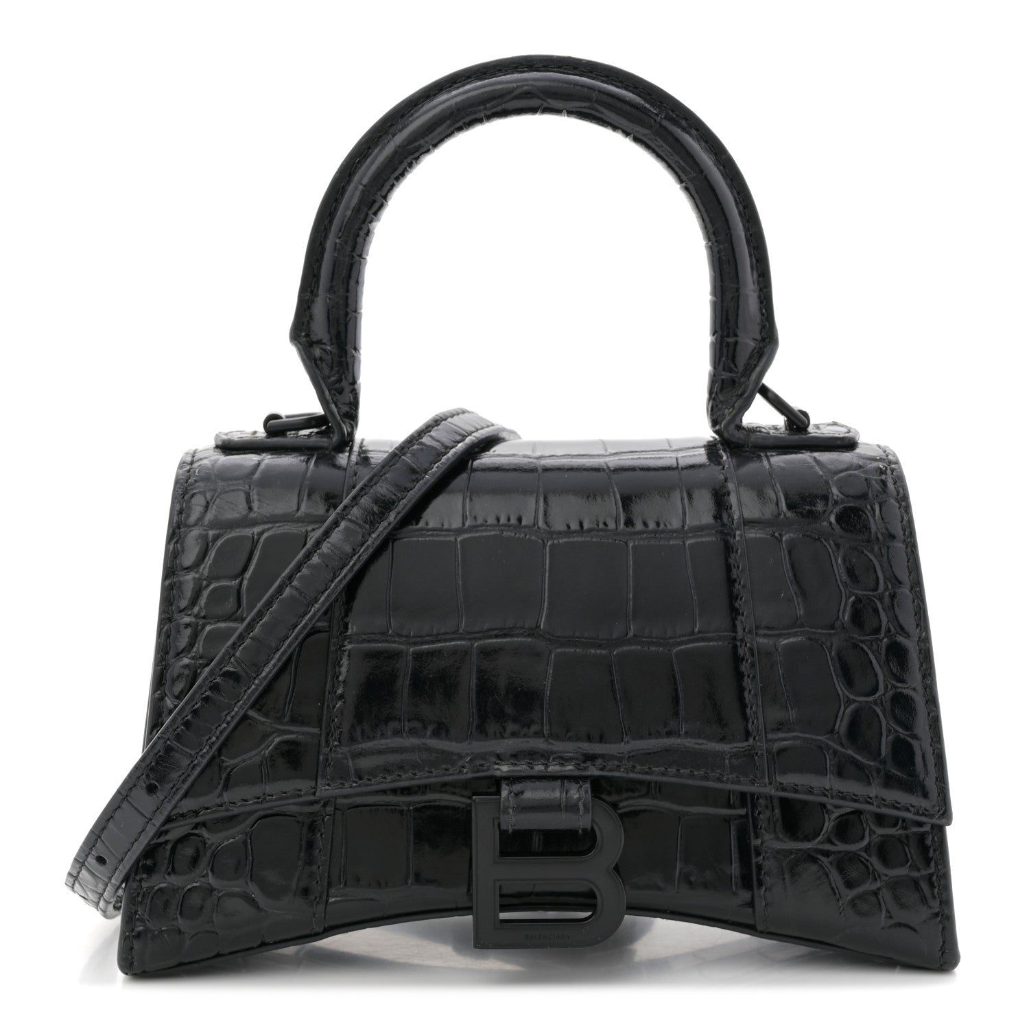 Balenciaga Shiny Calfskin Monochrome Crocodile Embossed Hourglass Top Handle Bag XS Black 1 of 12