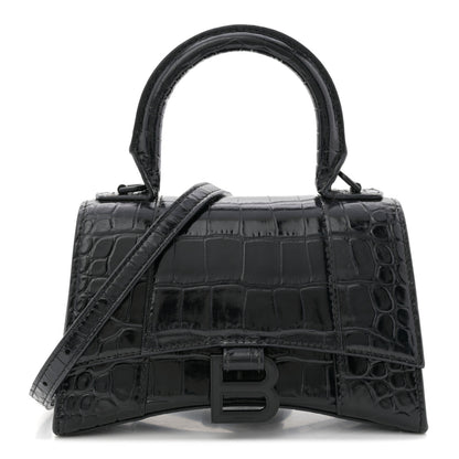 Balenciaga Shiny Calfskin Monochrome Crocodile Embossed Hourglass Top Handle Bag XS Black 1 of 12