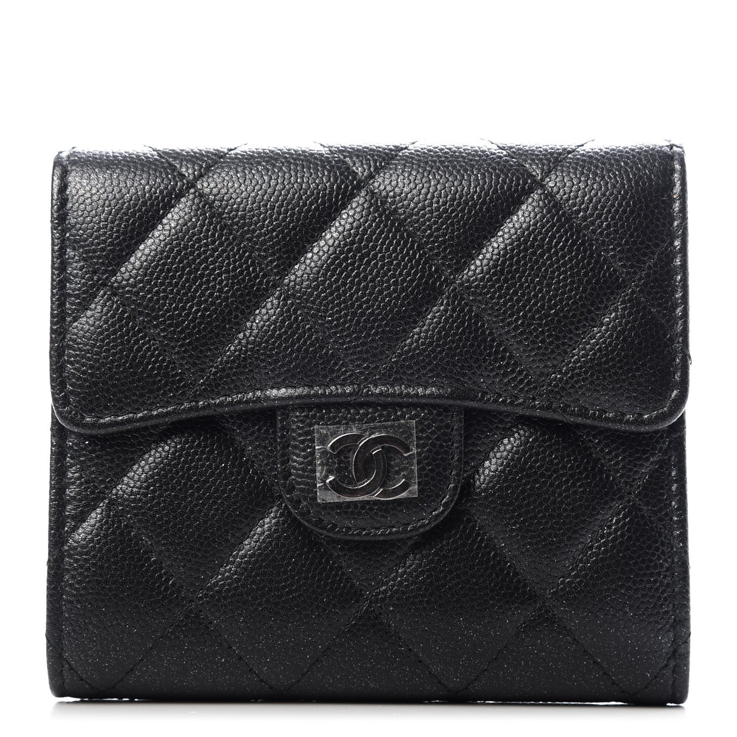 Iridescent Caviar Quilted Compact Flap Wallet Black