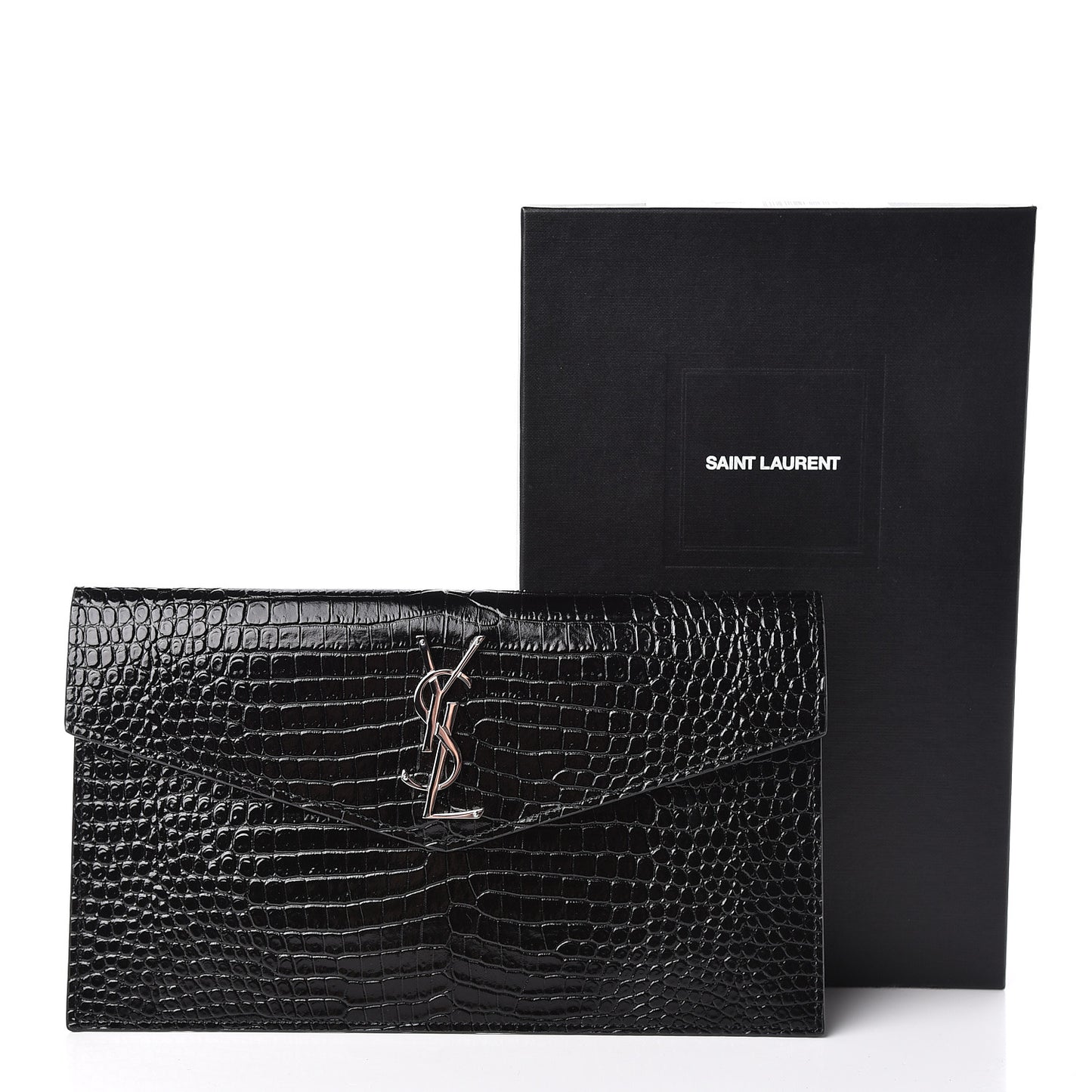 Calfskin Crocodile Embossed Uptown Monogram Clutch Black
