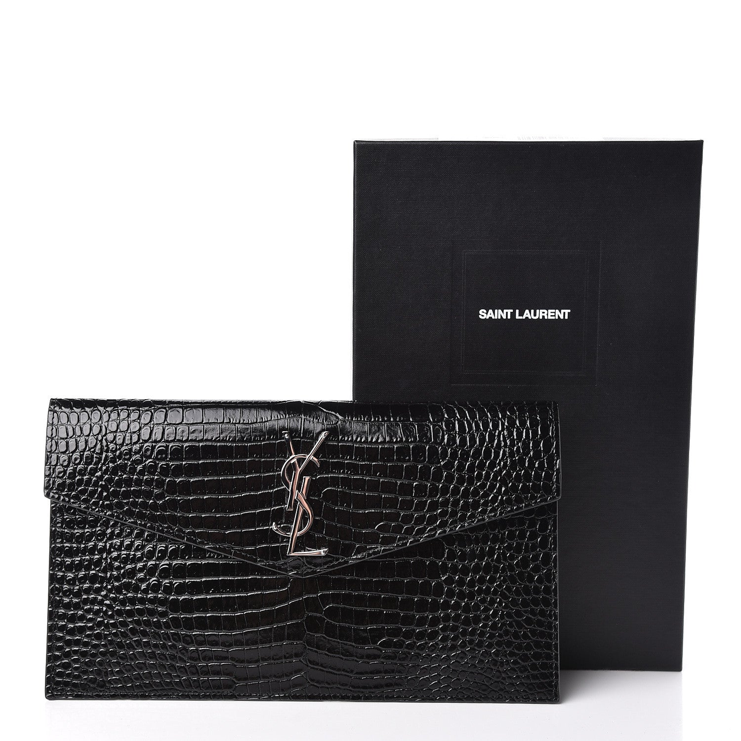 Saint Laurent Calfskin Crocodile Embossed Uptown Monogram Clutch Black 8 of 8