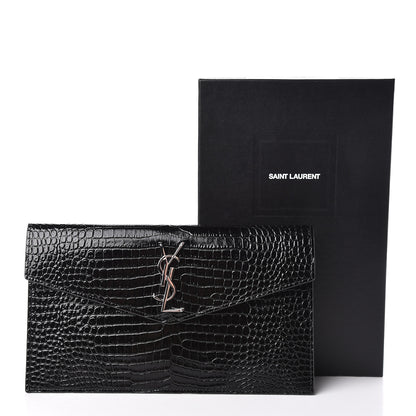Saint Laurent Calfskin Crocodile Embossed Uptown Monogram Clutch Black 8 of 8