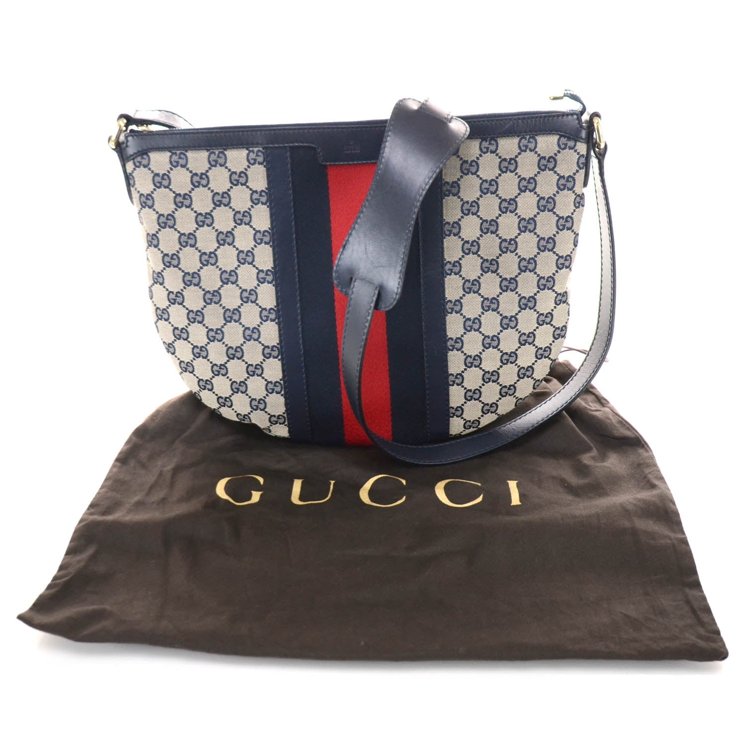 Gucci Monogram Vintage Web Medium Half Moon Hobo Navy 11 of 12