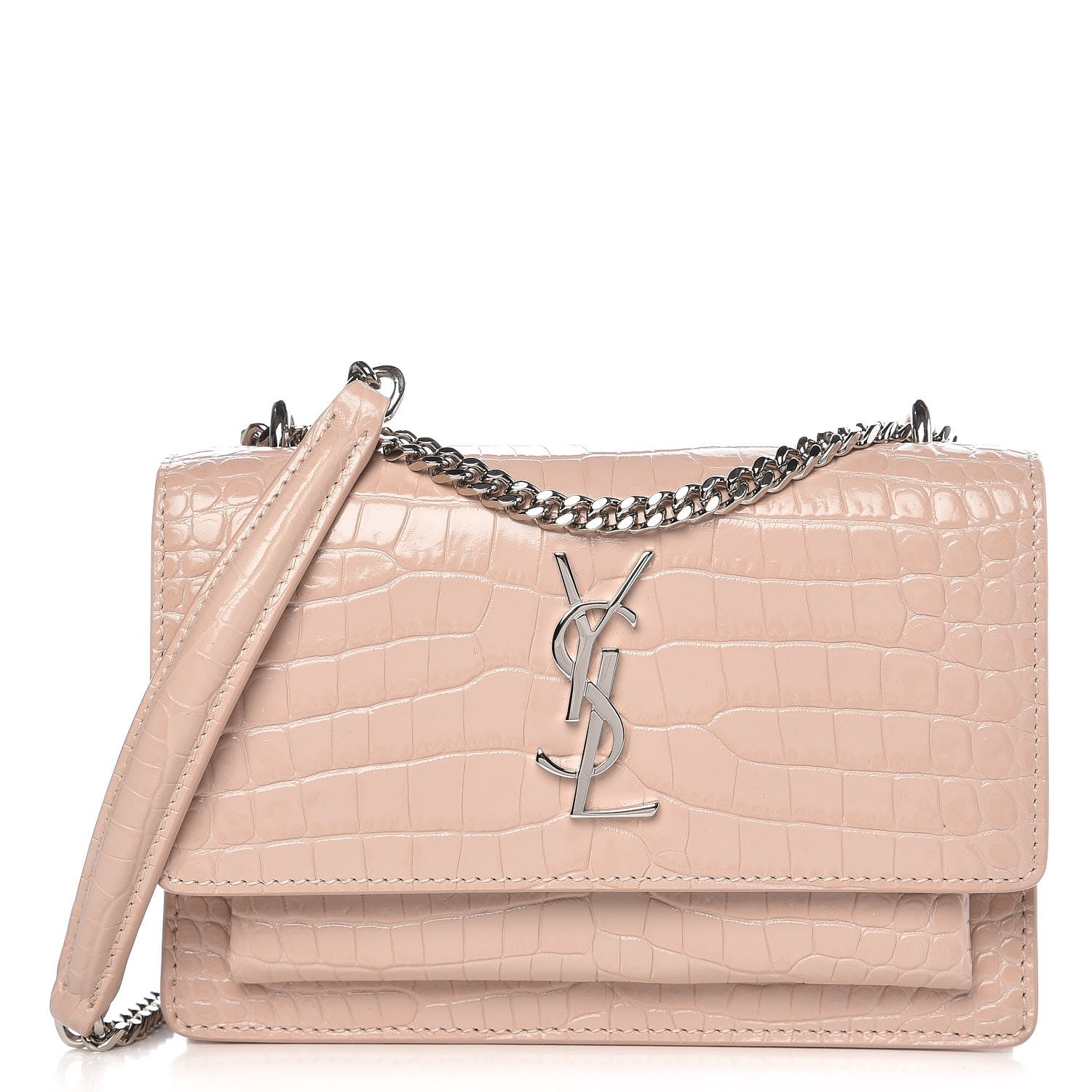 Saint Laurent Calfskin Crocodile Embossed Monogram Sunset Chain Wallet Marble Pink 1 of 7
