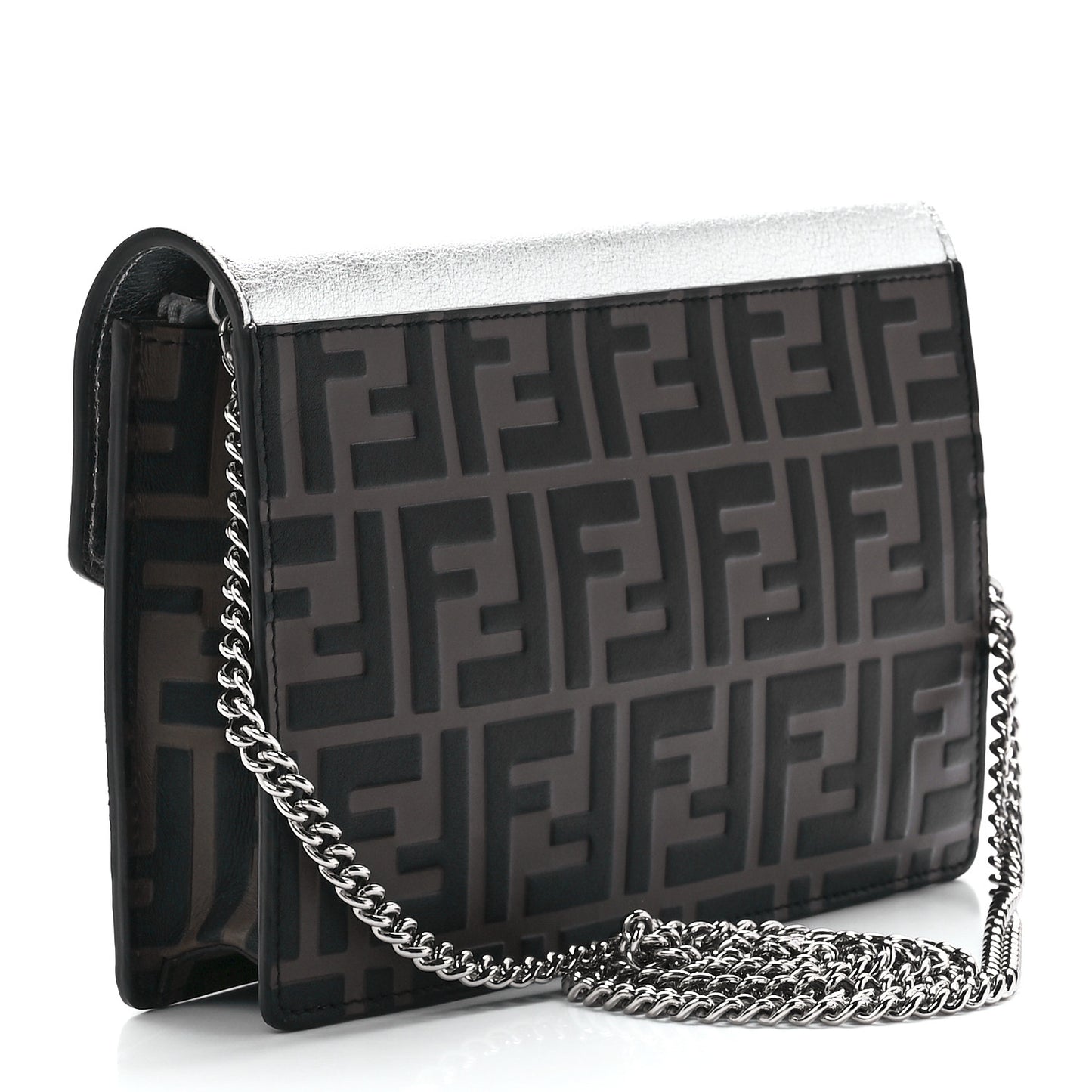 Vitello Soft Catalan Mirror F is Fendi Bi-Color FF 1974 Embossed Medium Envelope Wallet On Chain Maya Black Argento