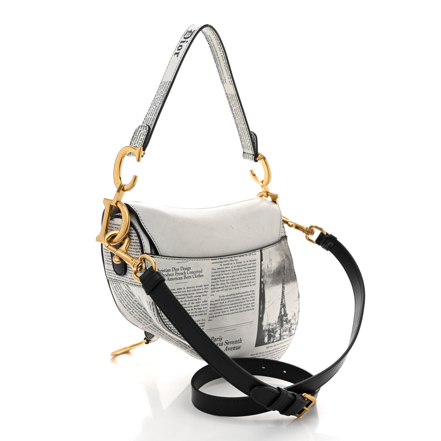 Christian Dior Calfskin Newspaper Printed Saddle Bag With Strap Black White 3 of 10