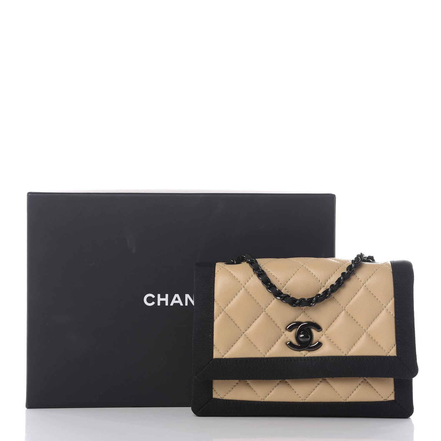 Chanel Lambskin Grosgrain Quilted Flap Beige Black 11 of 11