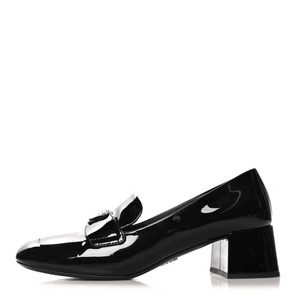 Prada Patent Metal Triangle Logo 50mm Loafers 38.5 Black 1 of 8