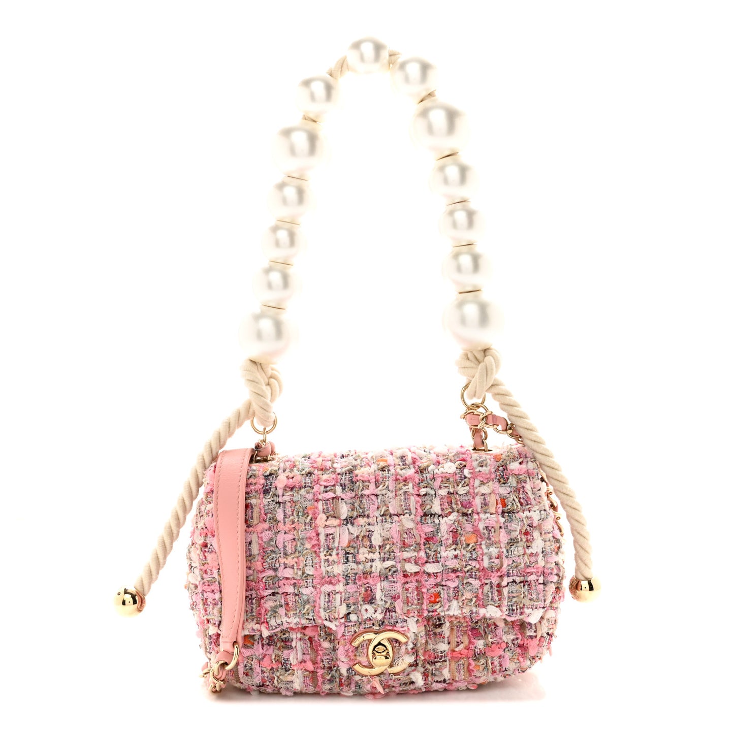 Tweed Mini Pearl Handle Flap Pink Beige Orange Ecru