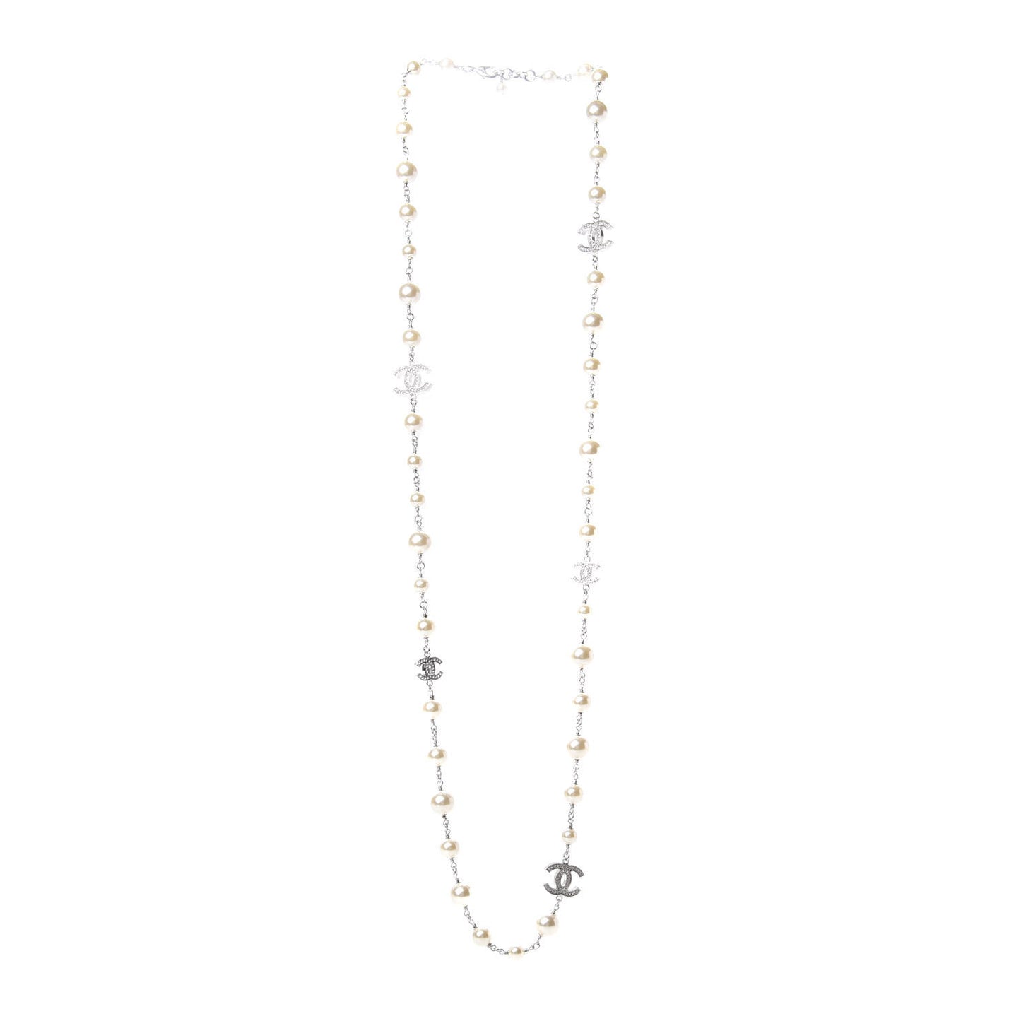 Crystal Pearl CC Long Necklace Silver