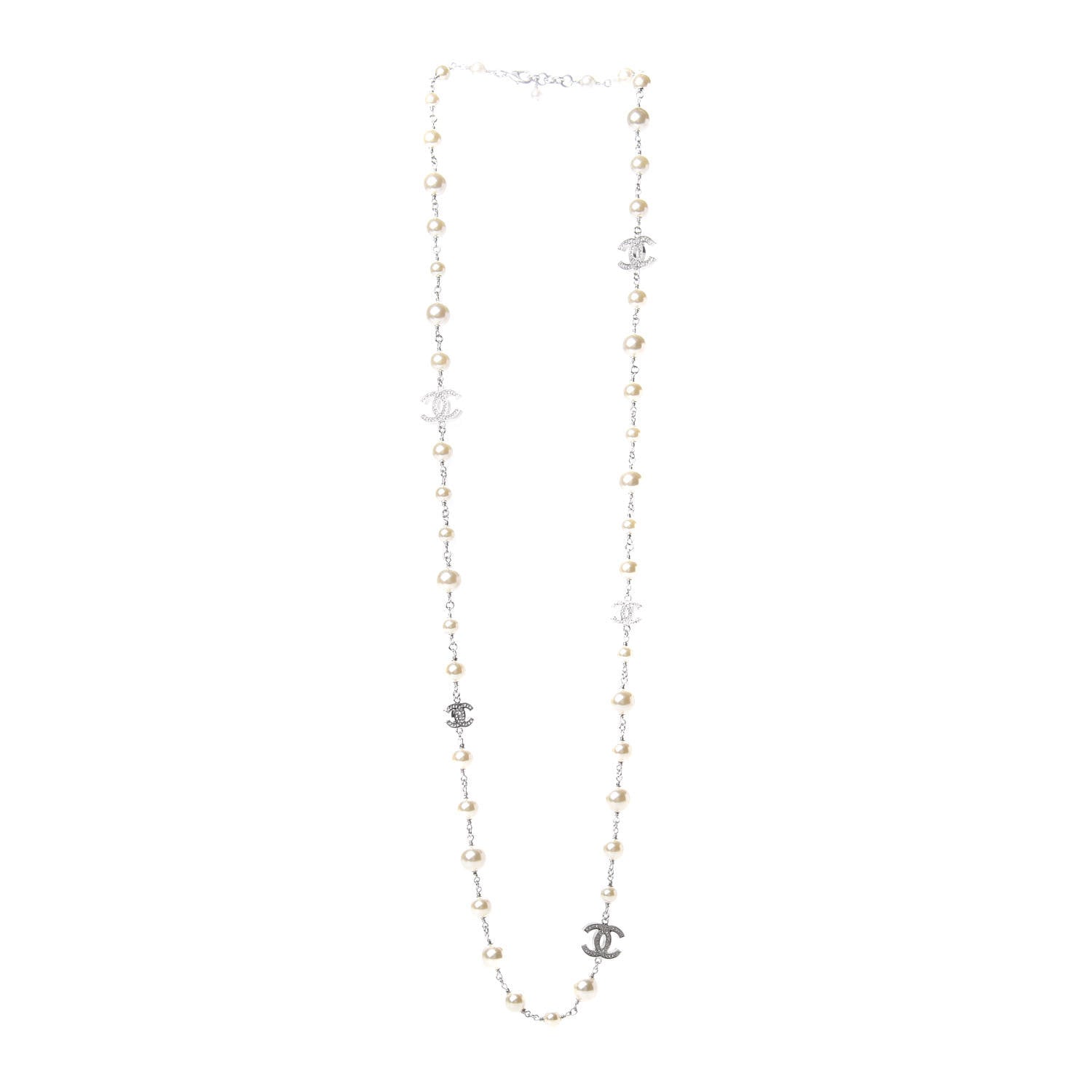 Chanel Crystal Pearl CC Long Necklace Silver 3 of 5