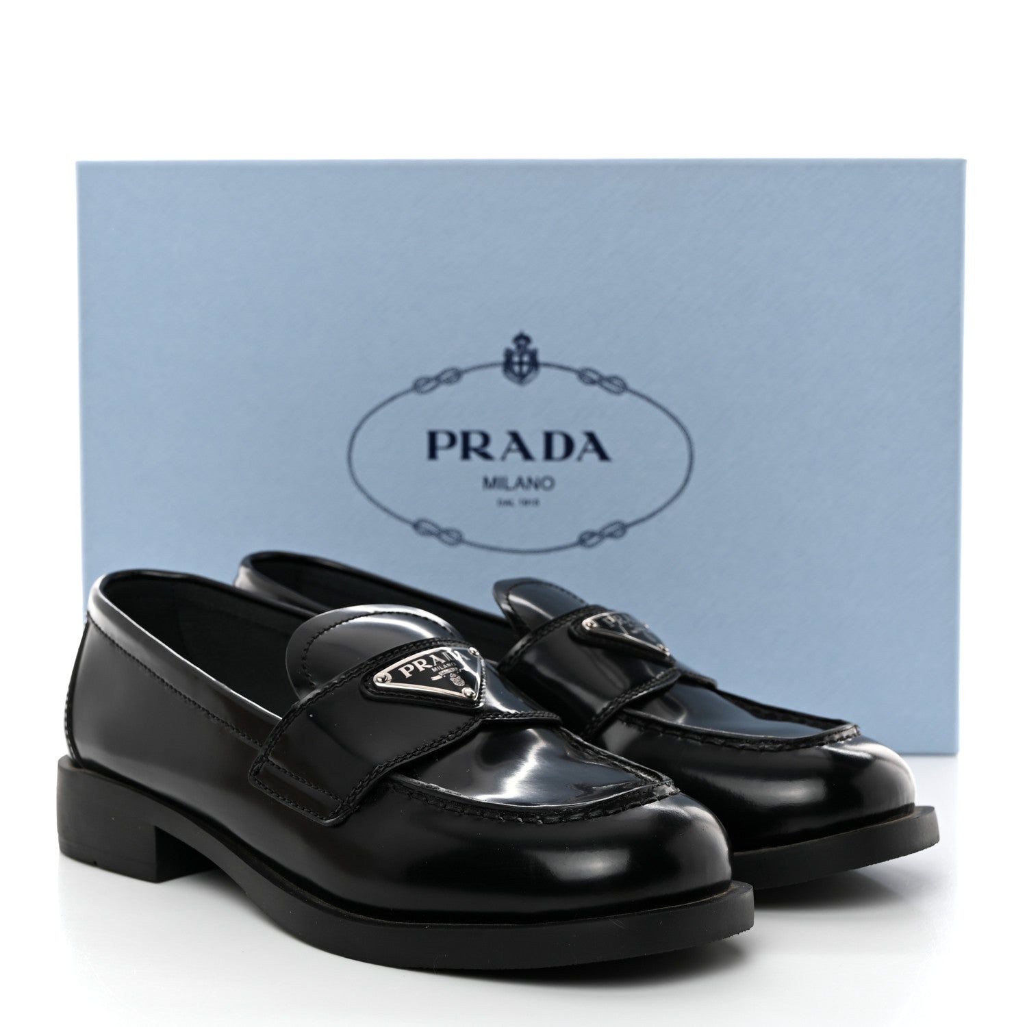 Prada Spazzolato Metal Triangle Logo 50mm Loafers 35 Black 9 of 9