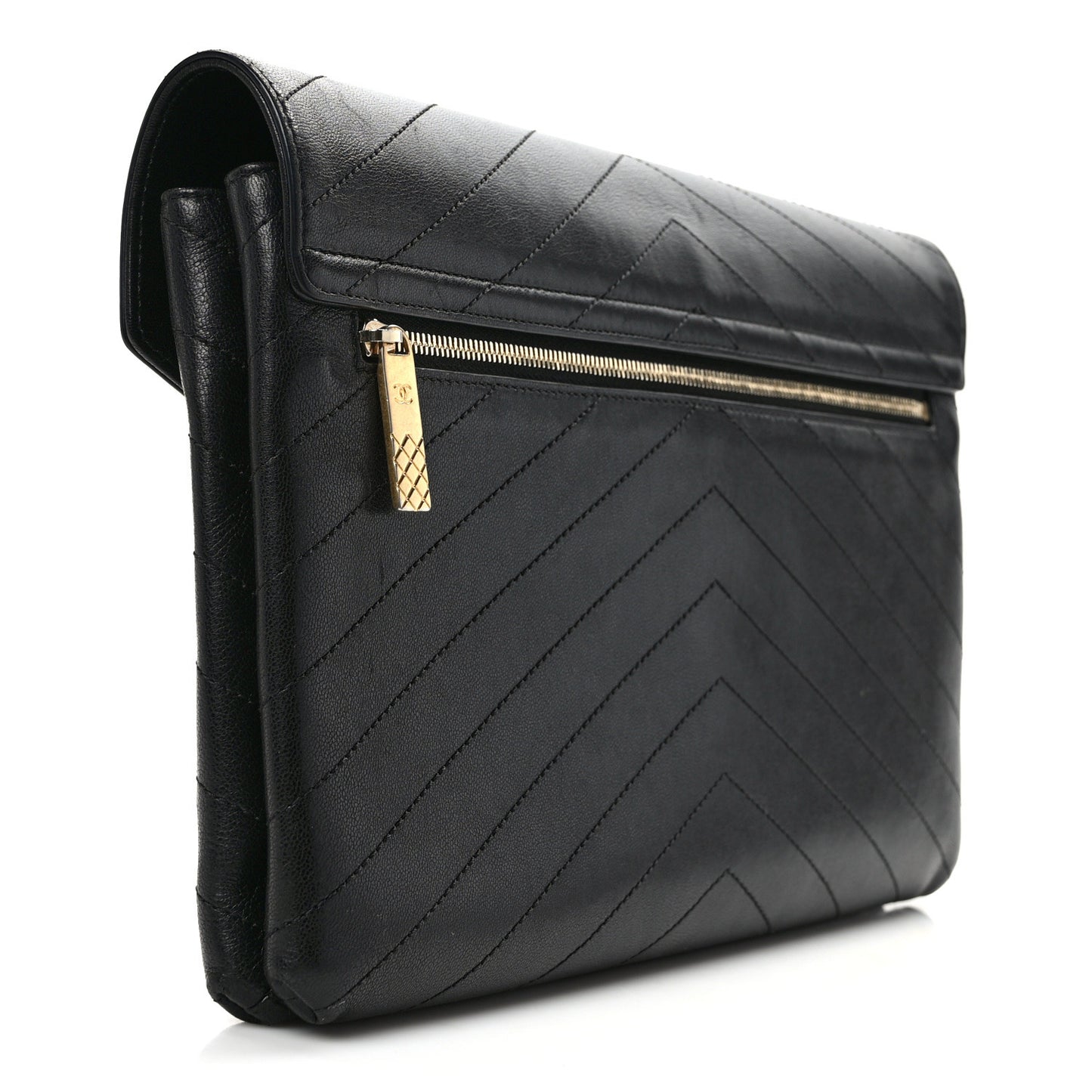 Lambskin Chevron Quilted Envelope Clutch Black
