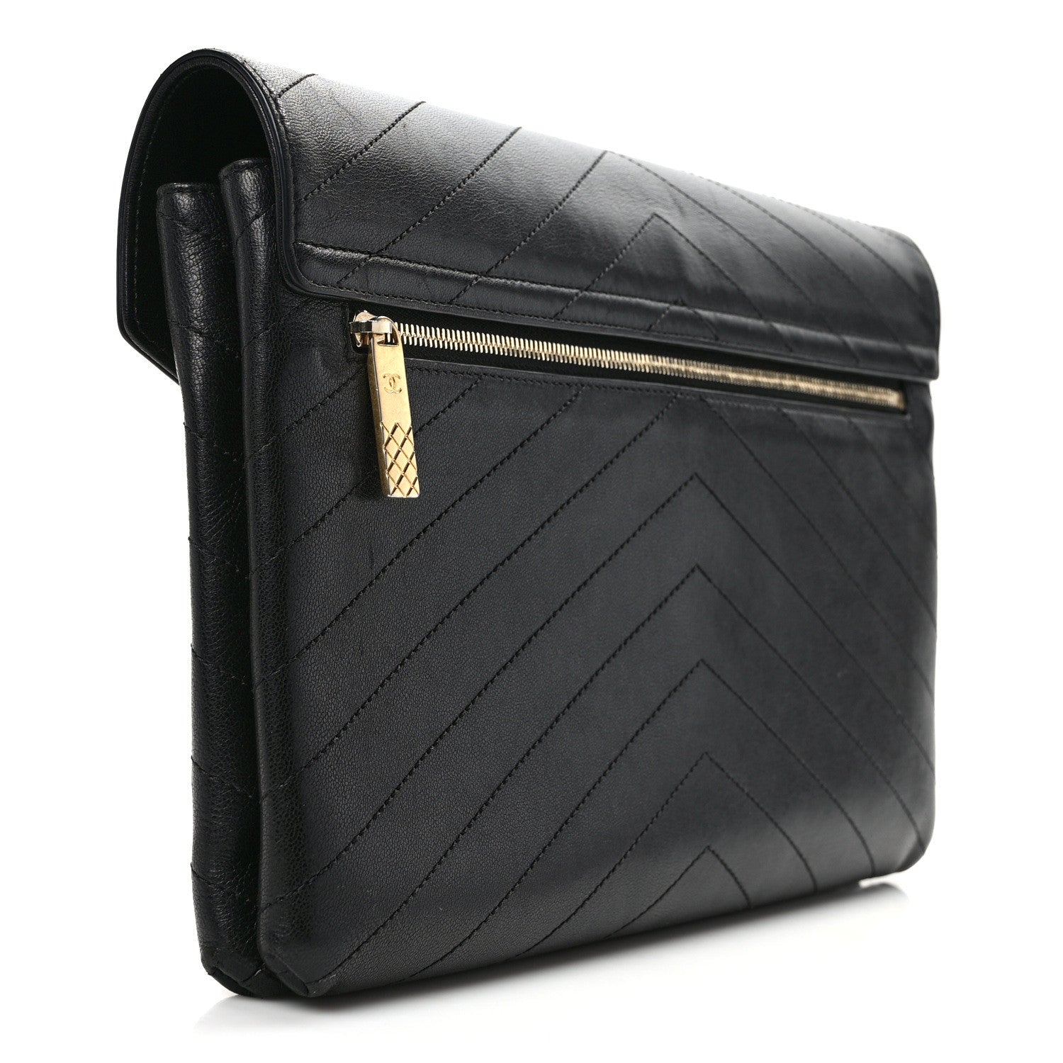 Chanel Lambskin Chevron Quilted Envelope Clutch Black 3 of 12