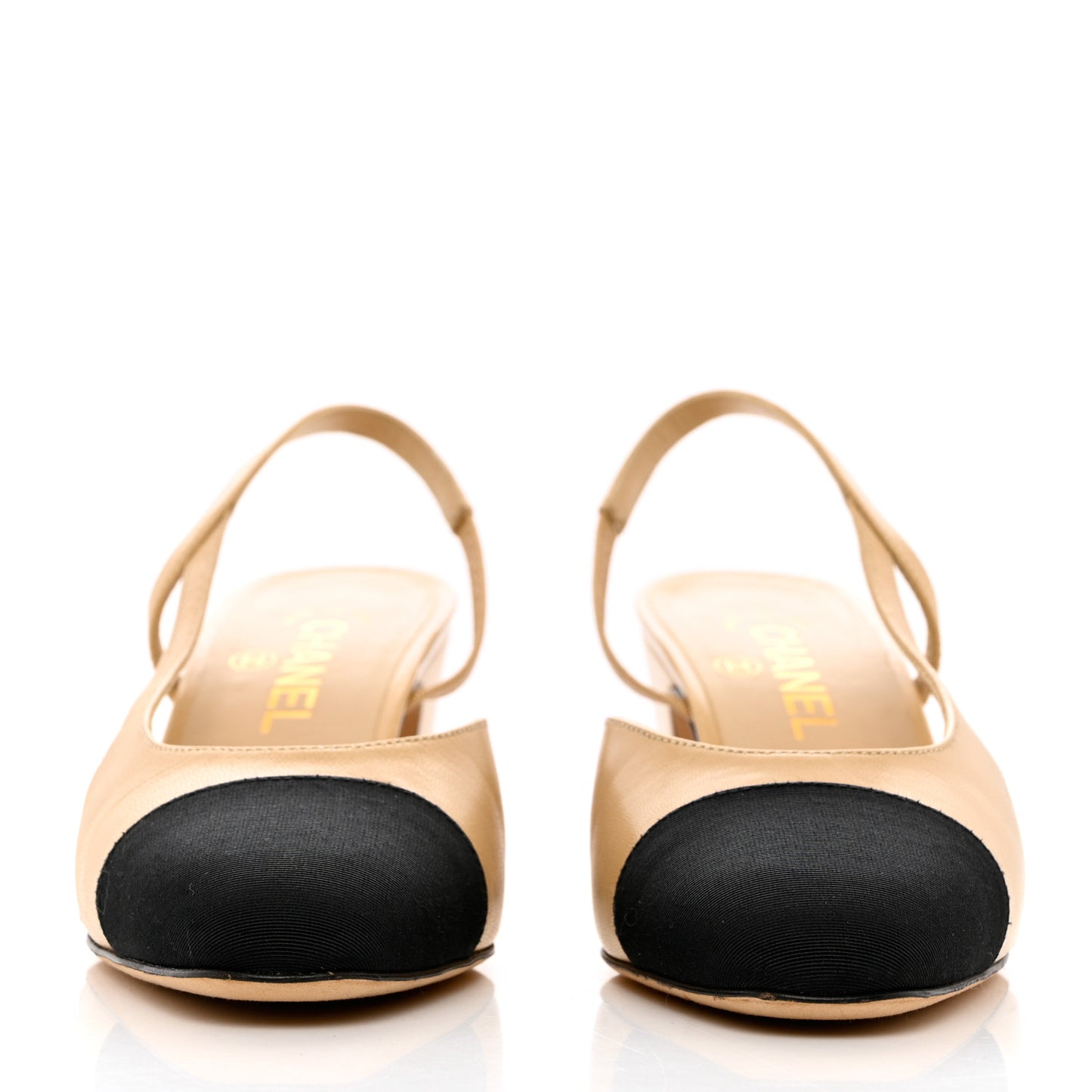 Goatskin Grosgrain Cap Toe CC Slingback Pumps 38 Beige Black