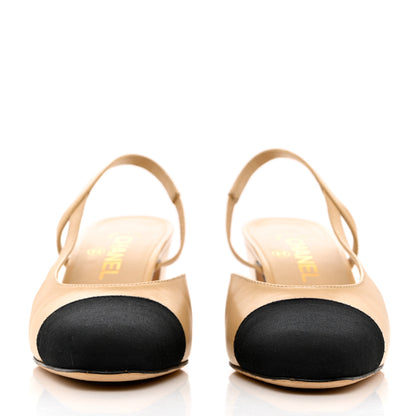 Chanel Goatskin Grosgrain Cap Toe CC Slingback Pumps 38 Beige Black 2 of 11
